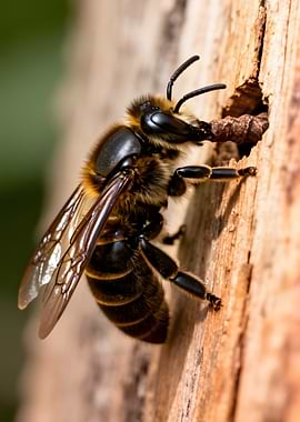 Bee entering a hole in wood
