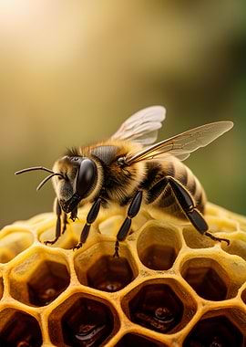 Close-up of a bee on honeycomb