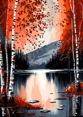 Autumn Birch Forest by Lake