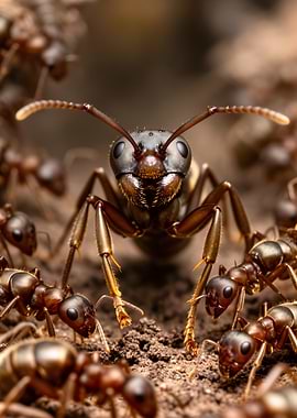 Close-up of an ant surrounded by others