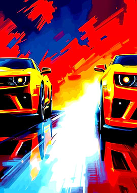 Two Yellow Camaros Racing