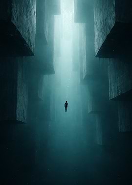 Man floating in surreal underwater canyon