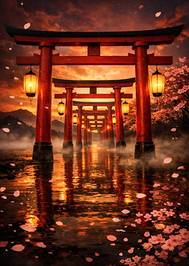 Torii Gates in Water with Cherry Blossoms
