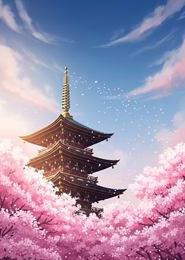Pagoda Surrounded by Cherry Blossoms