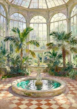 Sunlit Conservatory with Fountain