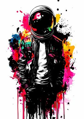 Astronaut in Leather Jacket with Splatter Art