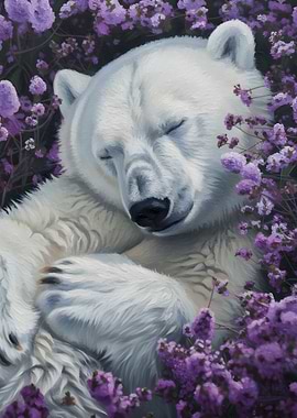 Sleeping Polar Bear in Purple Flowers