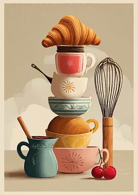 Retro Kitchen Still Life with Croissant and Cherries