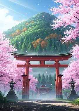 Japanese Shrine with Cherry Blossoms