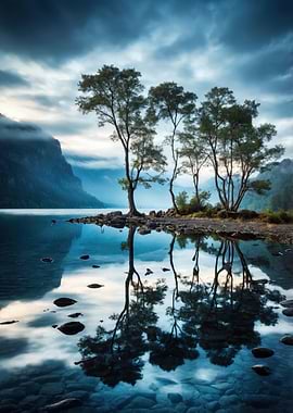 Serene Lake Reflection with Trees