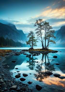 Tranquil Island Lake Reflection