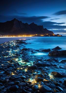 Magical Night Beach with Glowing Stones