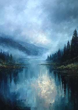 Misty Mountain Lake Reflection