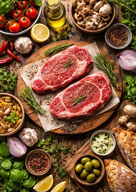 Raw Steaks and Ingredients