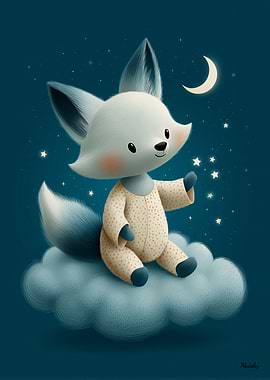 Cute Fox Illustration Dreamlike Night Scene