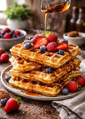 Stack of Waffles with Berries and Syrup