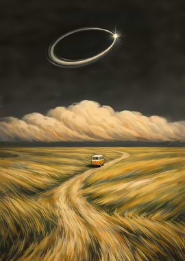 Bus on a dirt road under a starry sky