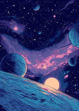 Cosmic Nebula with Planets