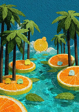 Cute characters on orange slices in water