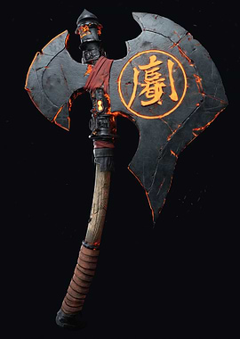 Fiery Battle Axe with Japanese Symbol