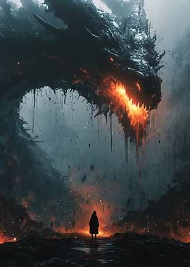 Dragon and Knight in Fiery Landscape