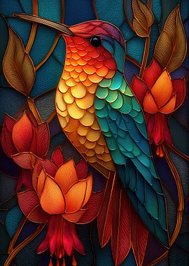 Stained Glass Hummingbird and Flowers