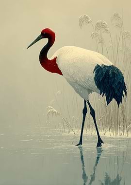 Red-crowned Crane in Snowy Reeds