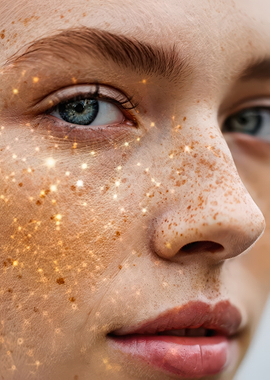 Close-up of a woman's face with freckles and glitter
