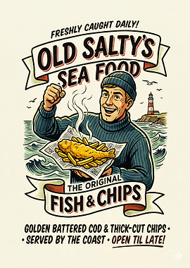Old Salty's Fish & Chips Vintage Poster