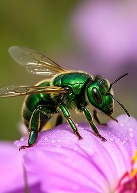 Green Metallic Bee on Purple Flower