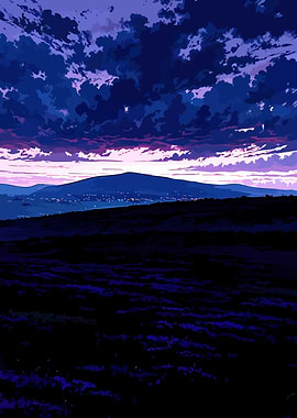 Twilight Sky Over Mountains and Fields