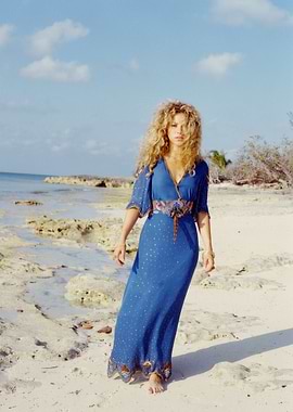 Woman in blue dress on beach