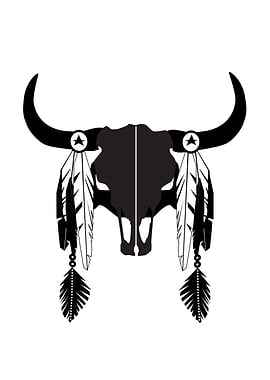 Bull Skull with Feathers and Star, black and white illustration
