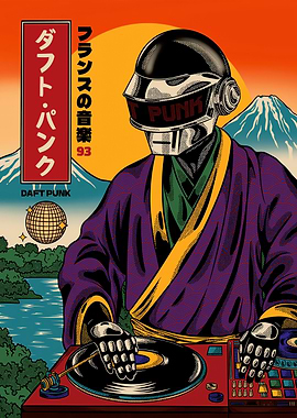 Daft Punk DJing with Mount Fuji backdrop