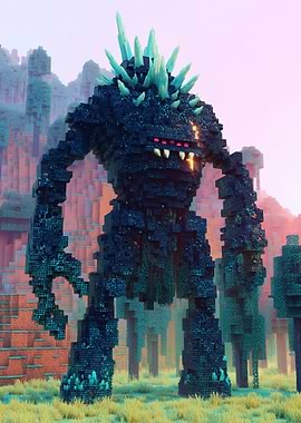 Giant Crystal Golem in Pixelated Forest