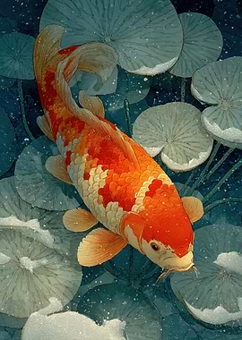 Koi Fish Among Lily Pads