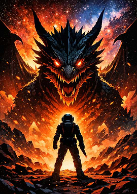 Astronaut faces a cosmic dragon