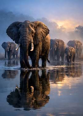 Elephants walking through water at dawn