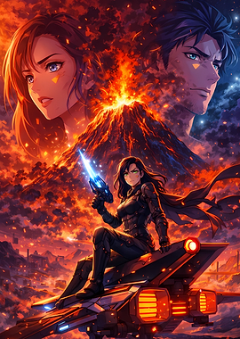 Anime characters and volcano eruption