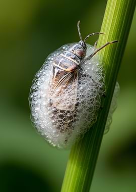 Bug in Bubble Nest on Plant Stem