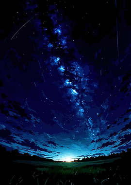 Starry Night Sky Over Landscape