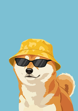 Shiba Inu Dog Wearing Sunglasses and Bucket Hat