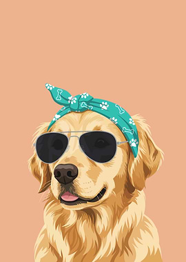 Golden Retriever Dog Wearing Sunglasses and Bandana