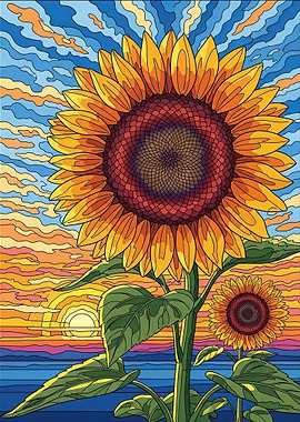 Vibrant Sunflower Sunset Landscape