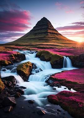 Majestic Mountain Waterfall at Sunset