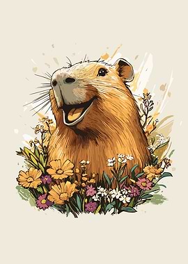 Happy Capybara in Flowers