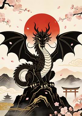 Black Dragon with Cherry Blossoms and Sun