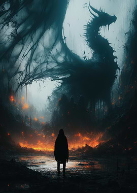 Dragon and Knight in Fiery Landscape