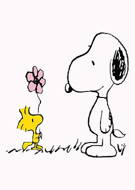Woodstock gives Snoopy a flower