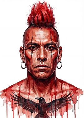 Warrior with Red Mohawk and Raven Tattoo